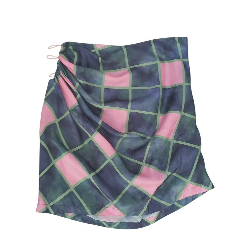 NEW Ahluwalia Side Cutout Ruched Satin Mini Skirt Pink Green Forest Fairy - Picture 5 of 13